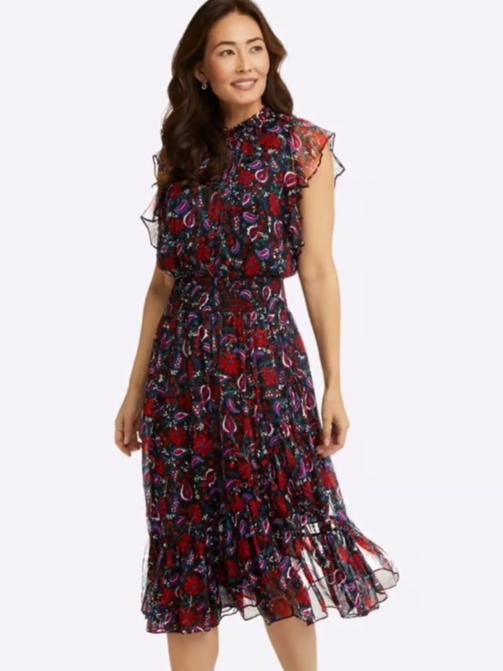 Draper James Kacey Dress Smocked Waist Ruffle Flutter Floral Paisley Midi